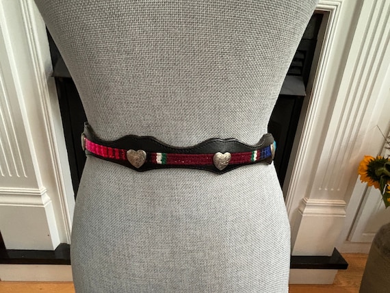 Vintage Colorful Black Leather Belt With Silver Heart Shaped Decoration