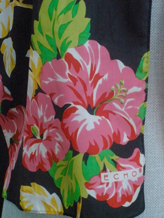 Echo Vintage Long Silk Scarf With Hibiscus Flowers