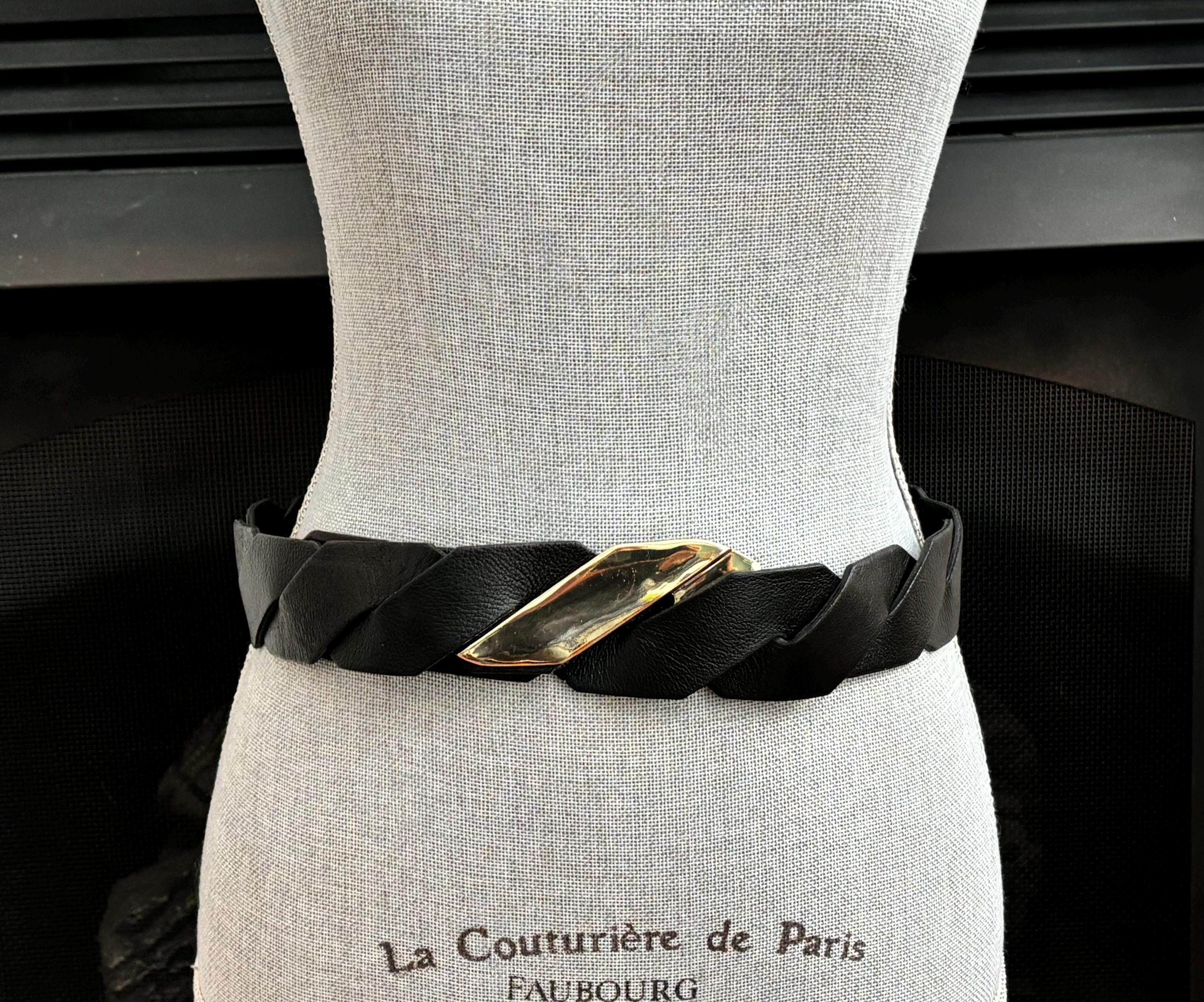 Black Gold Braided Rope Tie Belt Vintage Glam Statement Waist Belt 34.5” Vintage Unique Black and Gold Tone Braided Waistband, Nylon  main image 3
