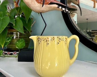 Vintage Yellow Hall's Pottery Pitcher With Gold Leaf Trim / Made in USA