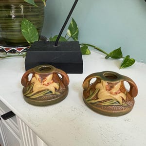 Pair Of Roseville Candle Stick Holders In The Zephyr Lily Pattern/1162-2