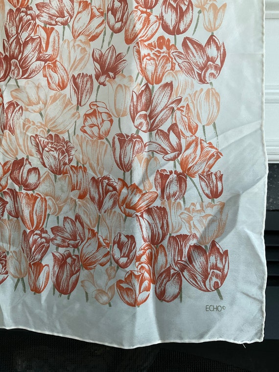 Vintage Echo Silk Crepe Scarf With Tulip Design G… - image 7
