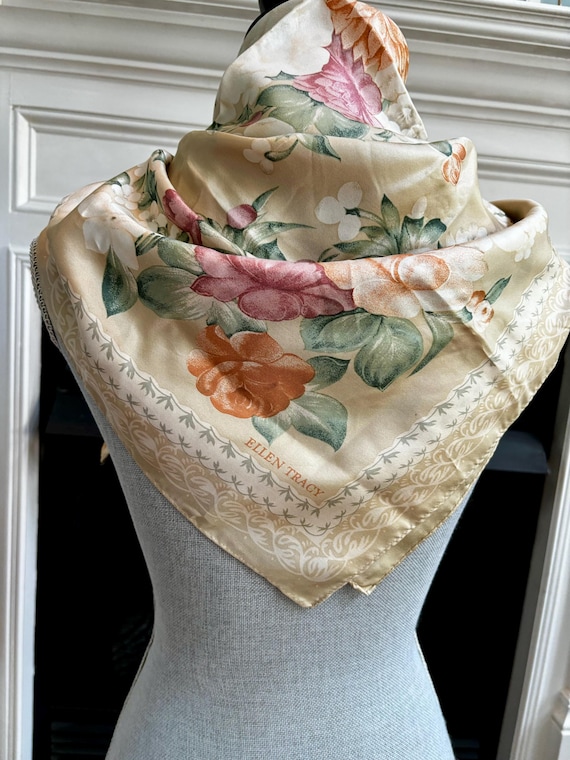 Floral Print Silk Scarf: Vintage Designer Ellen Tracy Accessory