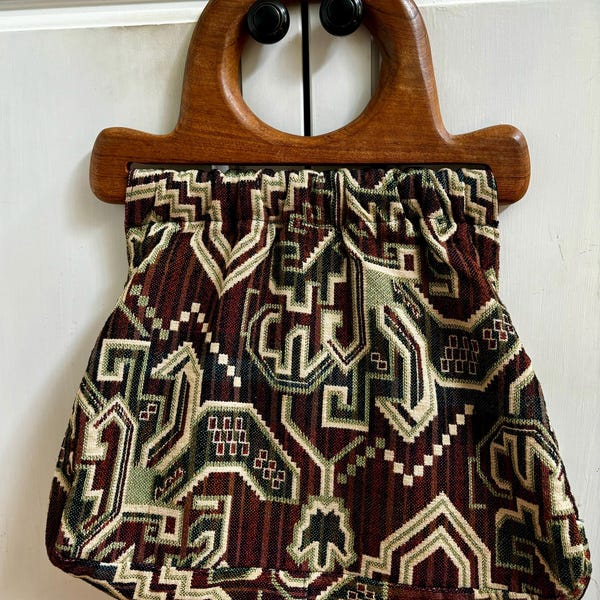 Vintage Tapestry Wood Handle Bag – Geometric Pattern Boho Bag
