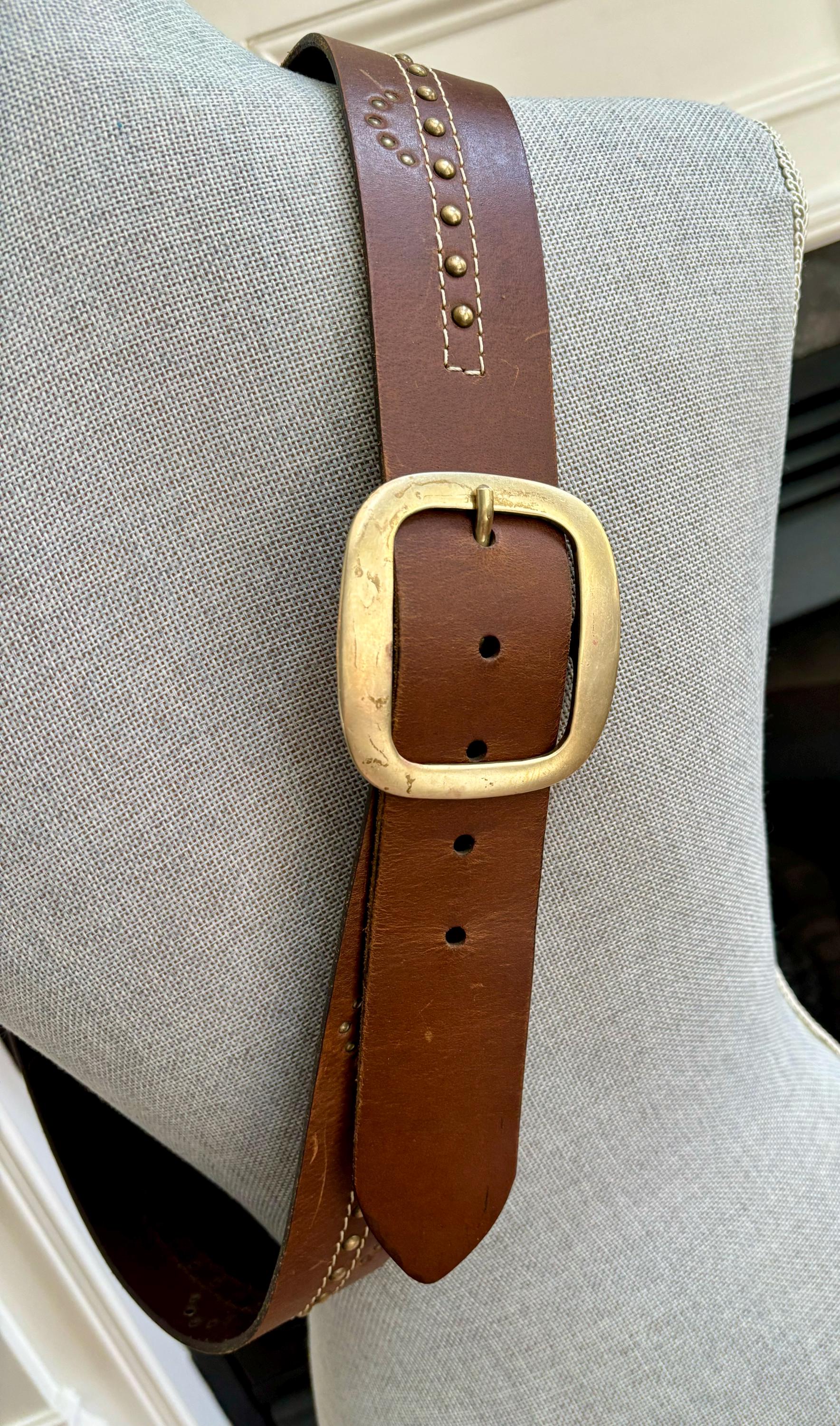 Vintage Heavy Wide Leather Belt With Brass Buckle and 