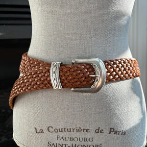 Vintage Woven Brown Leather Belt With Decorative Silver Buckle