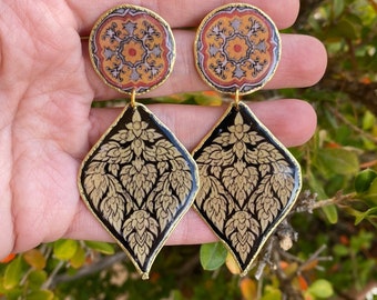 Long Brass Pattern Gold Black Art Earrings