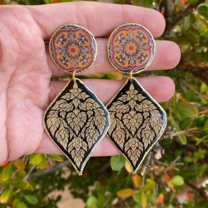 Long Brass Pattern Gold Black Art Earrings