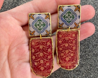 Brass Long Earrings Gold Burgundy Sterling Silver Post Earrings for Women