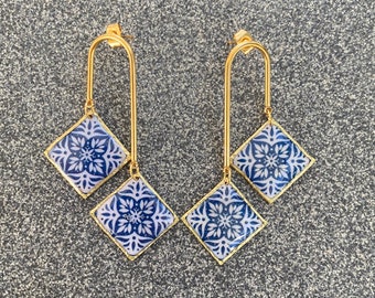 Portuguese Tiles Style Brass Stainless Steel Earrings