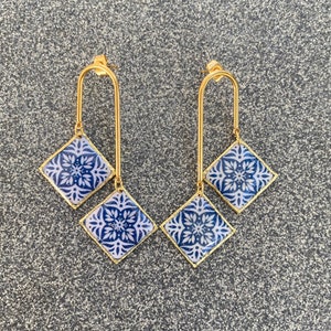 Portuguese Tiles Style Brass Stainless Steel Earrings