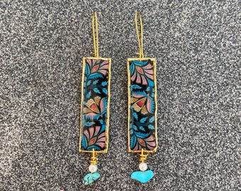 Long Brass Turquoise Stone Earrings Gold Filled  Ear Wire Earrings for Women