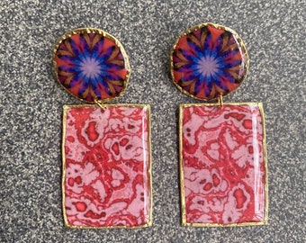 Abstract Red Handmade Brass Pattern Earrings