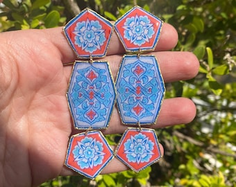 Long Blue and Red Pattern Flower Brass Handmade Earrings