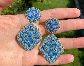 Long Brass Floral Pattern  Gold Blue Turquoise  Earrings Sterling Silver Post Earrings