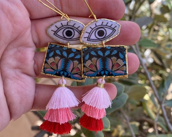 Boucles d’oreilles longues en laiton Evil Eye, boucles d’oreilles à motif gland