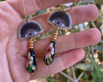 Long Brass Hoop Print Earrings, Eye Design Black and White Enamel Earrings
