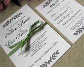 Rustic woodland leaves wedding invitation. Simple elegant wedding invite. White and green wedding invites, rustic woodland theme wedding