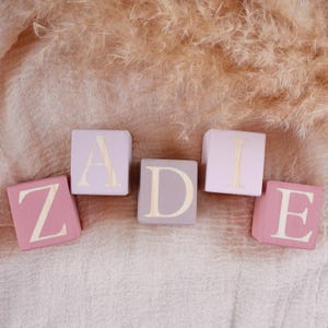 May include: Five wooden blocks spelling the name "ZADIE" in a soft, muted colour palette. The blocks are in shades of pink and grey, with the letters in a contrasting light colour. The blocks are arranged on a textured, light pink surface.