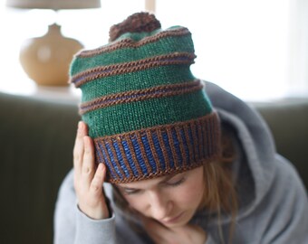 Knitting Pattern Hat -- Damon Hat - Green - Blue - Brown - Stocking Cap - Pompom - Men's - Man - Warm Hat - Winter