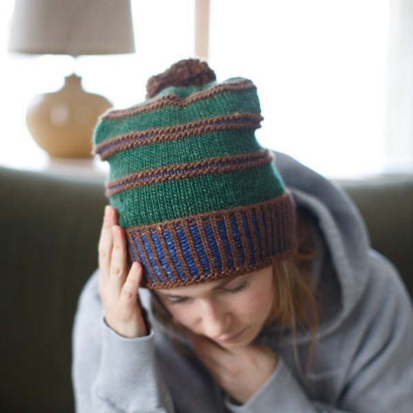 Knitting Pattern Hat -- Damon Hat - Green - Blue - Brown - Stocking Cap - Pompom - Men's - Man - Warm Hat - Winter