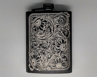 Tooled Sunflowers Engraved Flask 8 oz