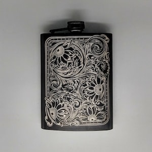 Tooled Sunflowers Engraved Flask 8 oz