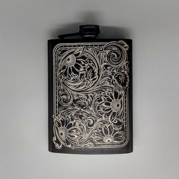 Tooled Sunflowers Engraved Flask 8 oz