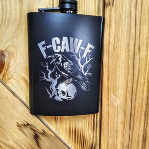 Crow and skull flask Engraved Flask 8 oz