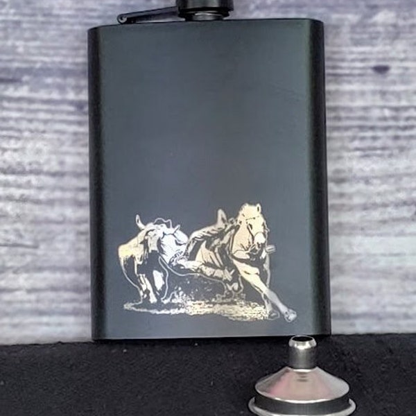 Steer Wrestling Engraved Flask 8 oz