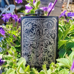 Tooled Sunflowers Engraved Flask 8 oz