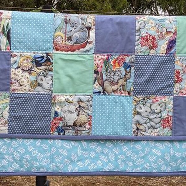 May Gibbs  "May's Tales" Cot Quilt. Handmade Australian Animals Cotton Patchwork Blanket for Baby