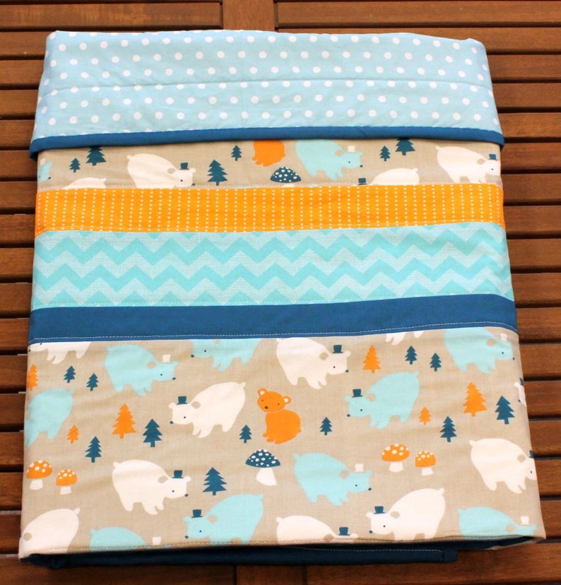Teal and Golden Yellow Bear Party Modern Baby Cot Quilt in Aqua