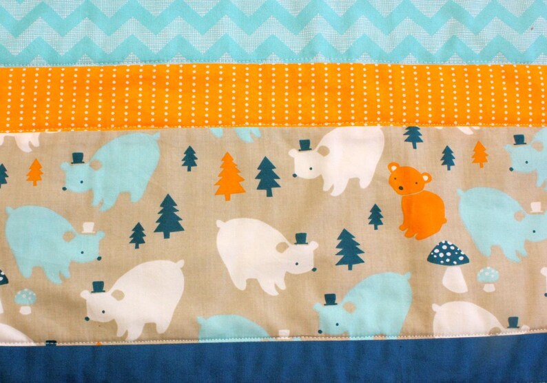 Teal and Golden Yellow Bear Party Modern Baby Cot Quilt in Aqua