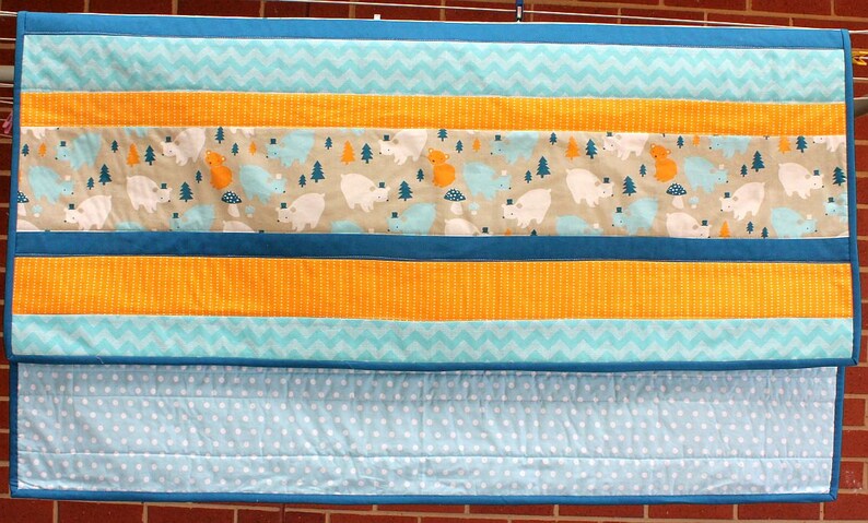 Teal and Golden Yellow Bear Party Modern Baby Cot Quilt in Aqua