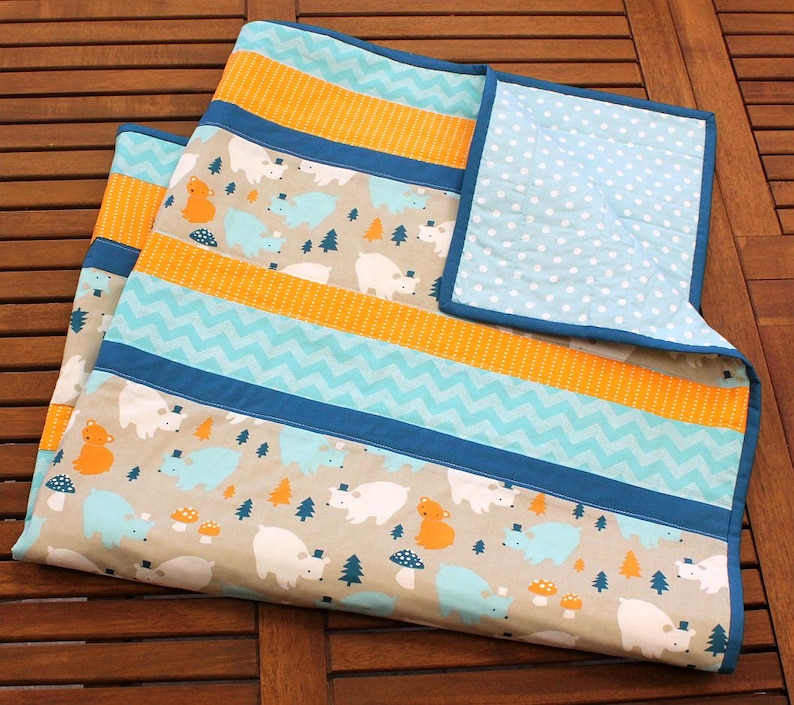 Teal and Golden Yellow Bear Party Modern Baby Cot Quilt in Aqua