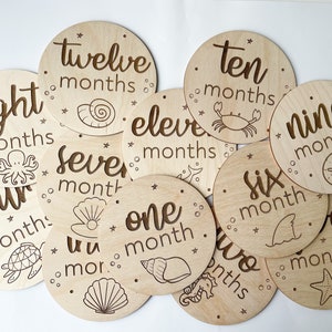 May include: A set of wooden monthly milestone discs. Each disc is round and engraved with a month number and a sea-themed illustration, like a seashell or starfish. The discs are made of light-coloured wood.
