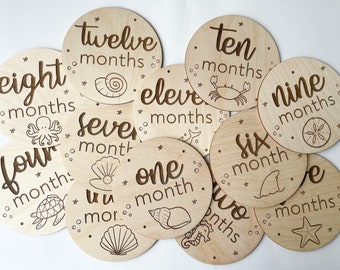 Ocean Themed Monthly Milestone Discs |Wood Baby's First Year Photo Props | Engraved Baby Milestone Rounds | Gender Neutral Baby Shower Gift