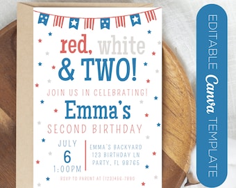 Red White and TWO Birthday Invite | Canva Editable Birthday Invite | Patriotic Second Birthday Party Invitation | Summer Second Birthday