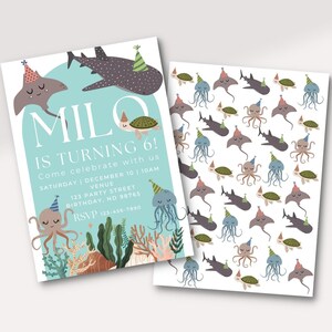May include: A blue and white invitation card with a sea-themed design. The card says "MILO IS TURNING 6!" and includes details for a birthday party. The back of the card has a repeating pattern of sea creatures, including sharks, jellyfish, stingrays, and turtles.