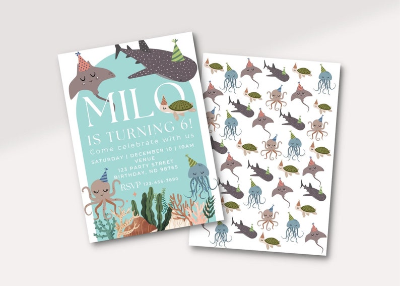 May include: A blue and white invitation card with a sea-themed design. The card says "MILO IS TURNING 6!" and includes details for a birthday party. The back of the card has a repeating pattern of sea creatures, including sharks, jellyfish, stingrays, and turtles.
