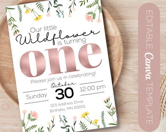 Wildflower First Birthday Invite | Canva Editable Birthday Invite | Fully Editable Wildflower Birthday Invitation | Girls First Birthday