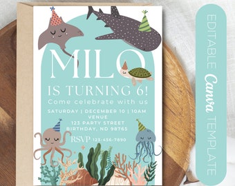 Party Sea Animal Birthday Invite | Canva Editable Birthday Invite | Fully Editable Ocean Birthday Invitation | Aquarium Birthday Invite