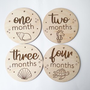 May include: Four wooden baby milestone discs with engraved text and sea-themed illustrations. The discs are labelled "one month," "two months," "three months," and "four months." Each disc features a different sea creature: a seashell, seahorse, seashell, and turtle.