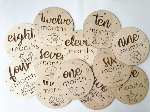 Ocean Themed Monthly Milestone Discs |Wood Baby's First Year Photo Props | Engraved Baby Milestone Rounds | Gender Neutral Baby Shower Gift