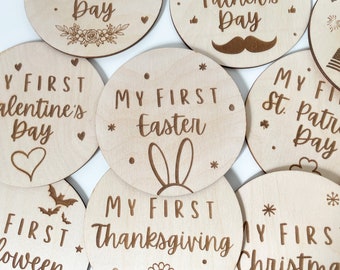 First Holiday Milestone Discs | Wood Baby's First Holiday Photo Props | Engraved Baby Milestone Rounds | Baby Shower Gift | Baby Keepsake