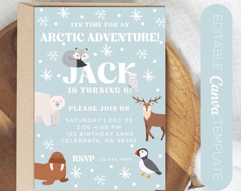 Arctic Animal Birthday Invite | Canva Editable Birthday Invite | Fully Editable Polar Party Birthday Invitation | Winter Birthday Invite