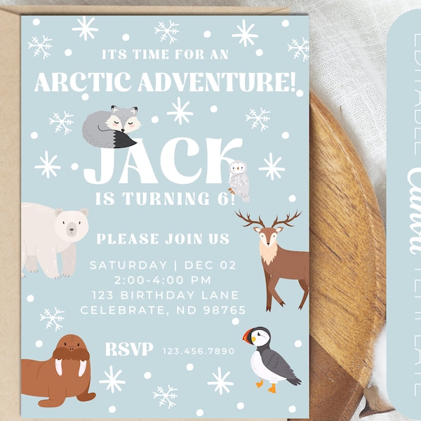 Arctic Animal Birthday Invite | Canva Editable Birthday Invite | Fully Editable Polar Party Birthday Invitation | Winter Birthday Invite