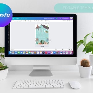 May include: A computer screen displaying a Canva design template for a birthday invitation. The invitation features a blue background with a cartoon octopus, a starfish, and a turtle. The text "Milo is turning 2" is written in a white font. The template is labeled "Editable Template".
