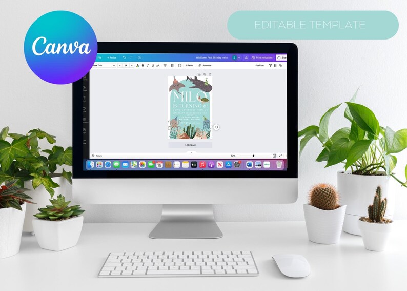 May include: A computer screen displaying a Canva design template for a birthday invitation. The invitation features a blue background with a cartoon octopus, a starfish, and a turtle. The text "Milo is turning 2" is written in a white font. The template is labeled "Editable Template".